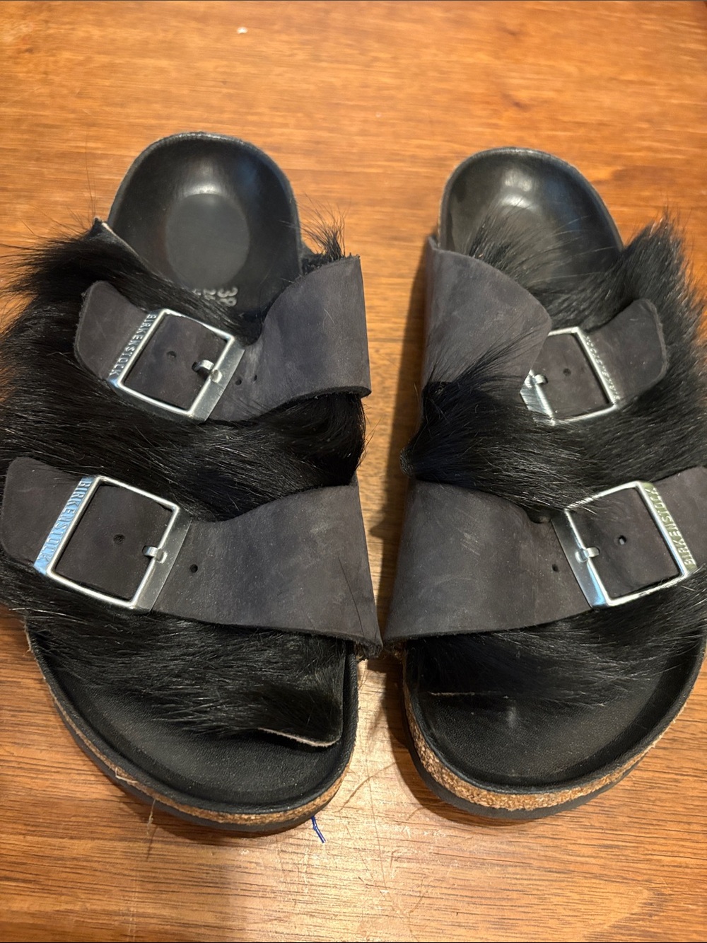 Birkenstock Black Fur Two-Buckle Slide Sandals - Women's